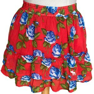 Abercrombie & Fitch Tiered Floral Mini Skirt Red Ruffle Pull-On Boho Cottage-S